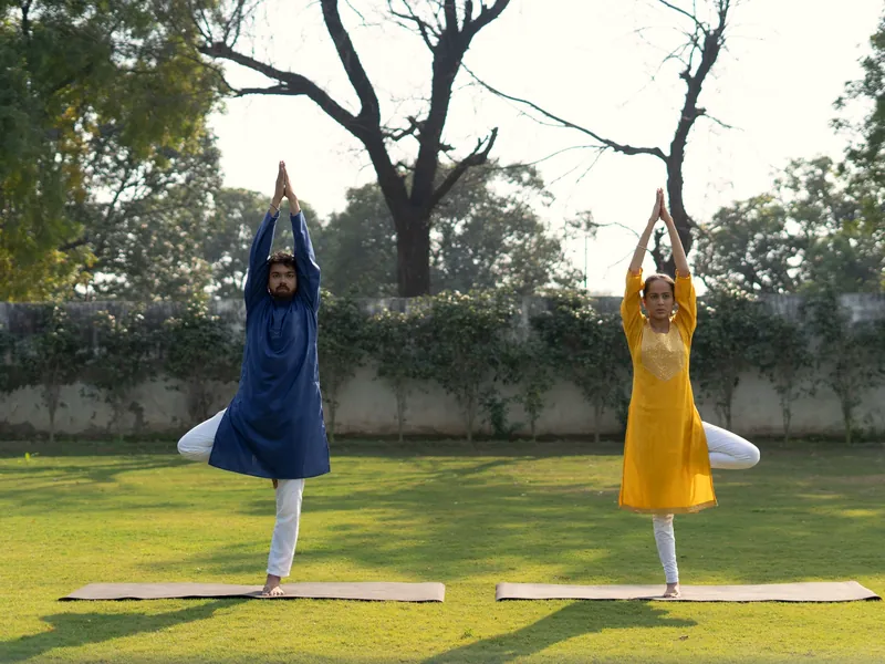 Illustrative scene: two people practising yoga on a lawn