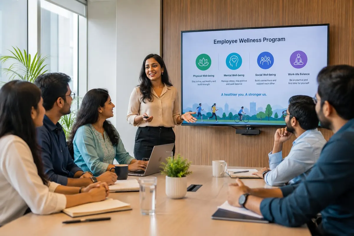 A team in a meeting room during an employee wellness session, illustrative scene